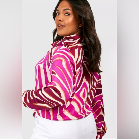 Boohoo Ladies Abstract Print Long Sleeve Tie Detail Cropped Shirt Size 14 - Picture 2 of 9